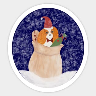 Snowy Santa Cavalier King Charles Spaniel bringing Christmas presents Sticker